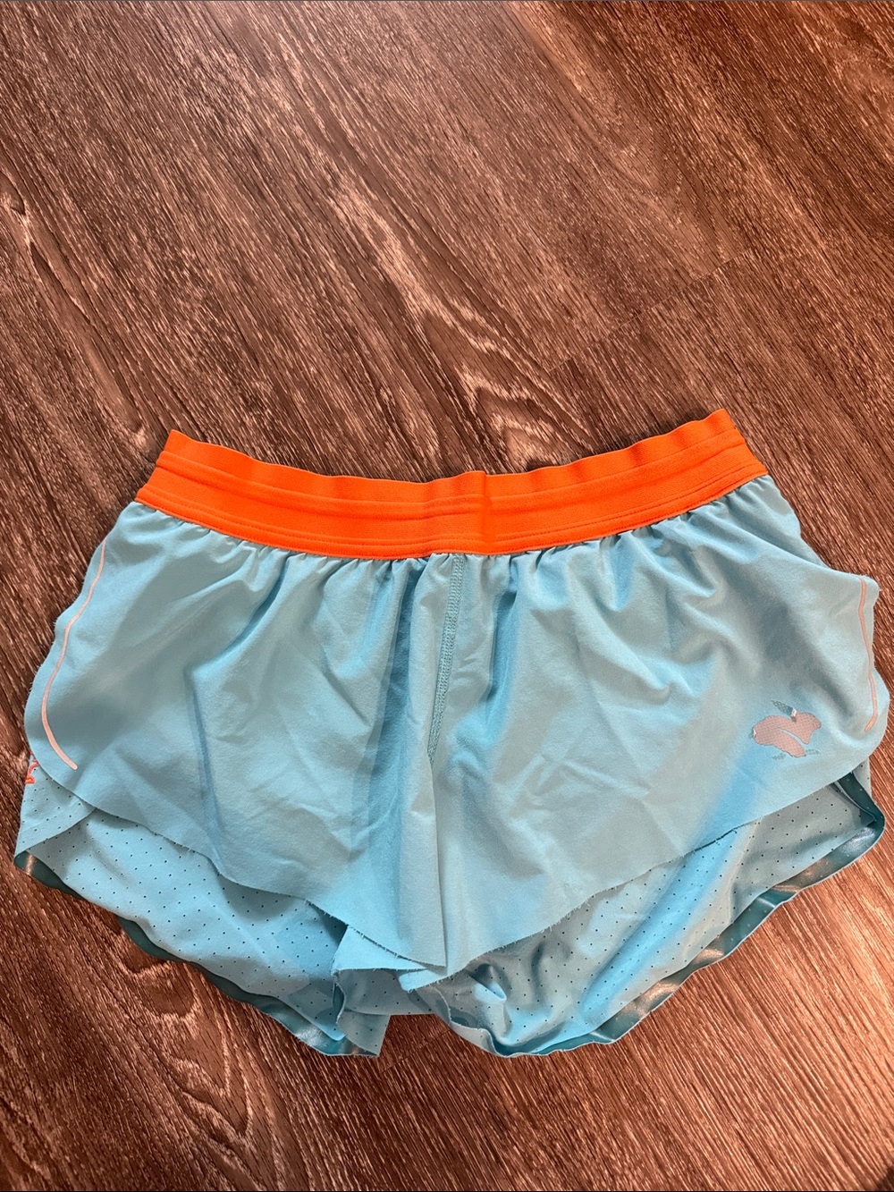 Women's Light Blue Athletic Shorts with Orange Waistband